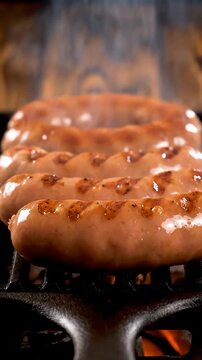 Sausages sizzling on a grill with flames burning underneath them indoors