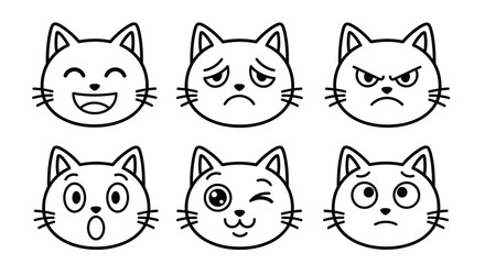 Fototapeta premium Cat faces with different emotions, black and white line art, emoticon set