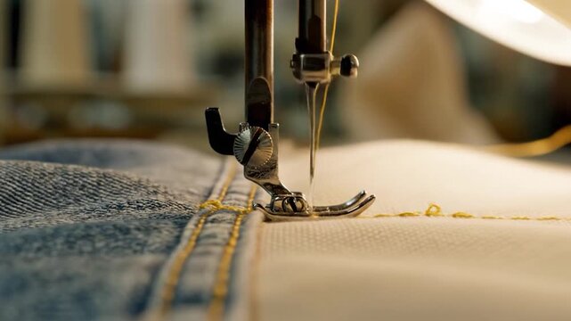 Close up of sewing machine needle stitching yellow thread into blue denim fabric in workshop