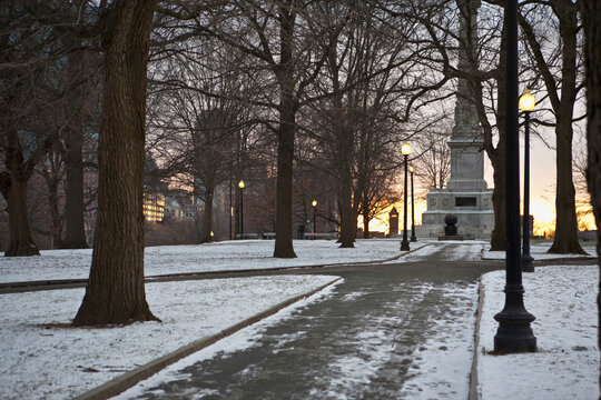 Monument in a park in winter, Soldiers and Sailors Monument, Flag Staff Hill