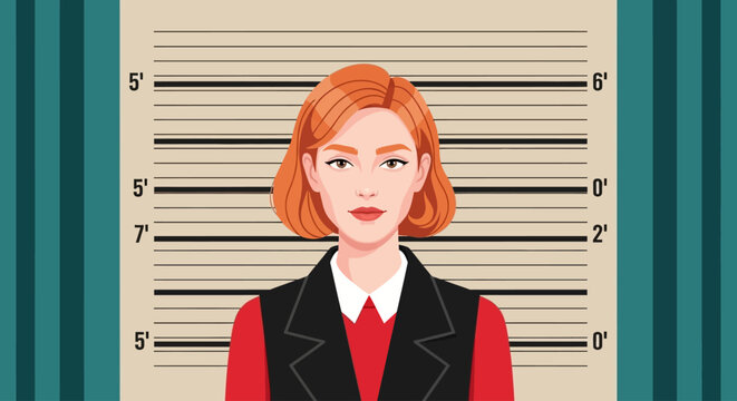 Woman in red shirt and black vest standing in front of height measurement chart, illustration for law enforcement or crime concept