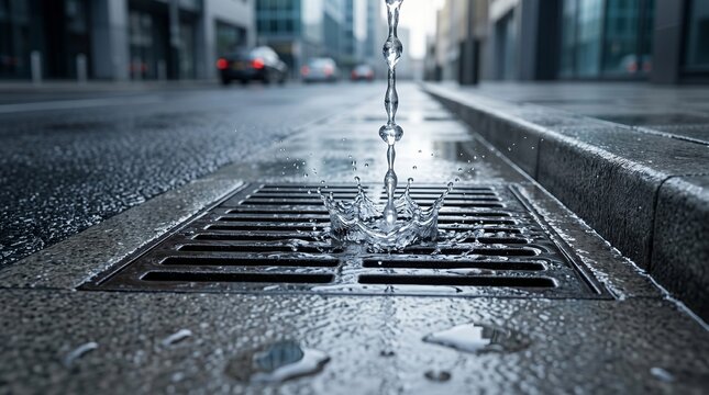 Clear water stream splashing into a metal storm drain grate on a wet city street during a rainy day in an urban setting