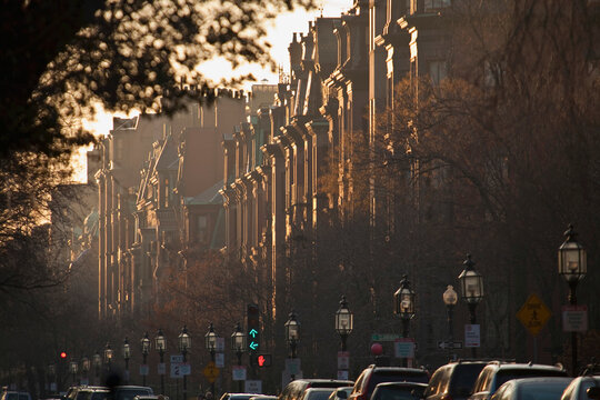Brownstone houses at dusk, Commonwealth Avenue