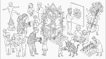 Obraz premium Vibrant community scene showcasing creativity and lifelong learning through diversity in educational activities like music, robotics, and gardening.