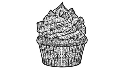 Obraz premium Intricate ornamental mandala cupcake coloring page for adults featuring detailed patterns and elegant dessert line art illustration