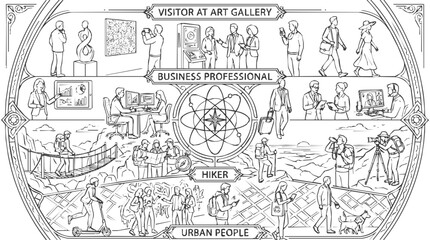 Obraz premium A Diverse Collection of People Engaged in Various Lifestyle Activities Including Business Professional Tasks, Outdoor Travel, Hiking, and Urban City