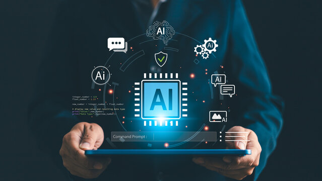 Businessman holding tablet with AI command prompt interface. Software developer using artificial intelligence system for programming, chatbot assistance, cybersecurity and digital content creation