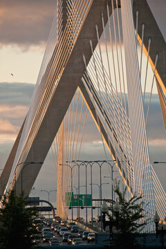Traffic moving on a bridge, Leonard P. Zakim Bunker Hill Bridge
