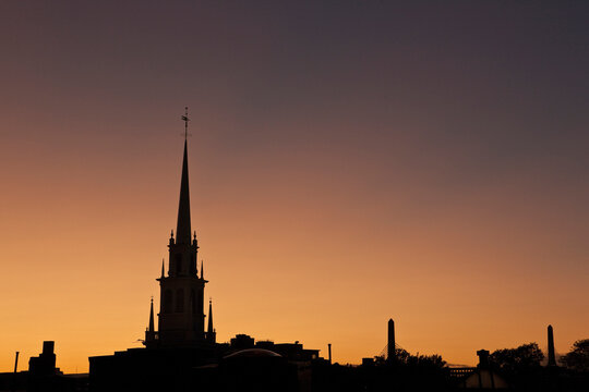 Silhouette of a church and a bridge, Old North Church, Leonard P. Zakim Bunker Hill Bridge