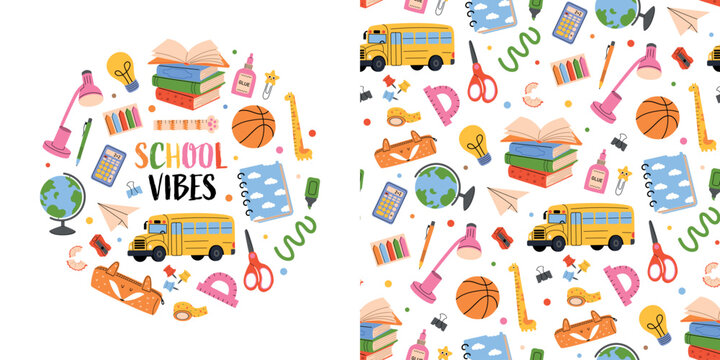 Back to school design with educational supplies and seamless pattern. Colorful school illustration with books, bus, globe and stationery. Flat vector illustration isolated.