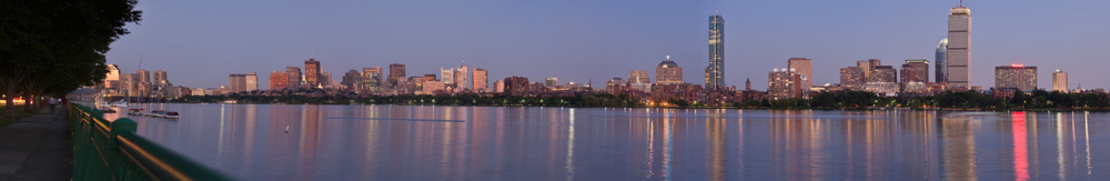 Panorama of the river and city skyline looking northwest to southeast shot from Cambridge, Charles