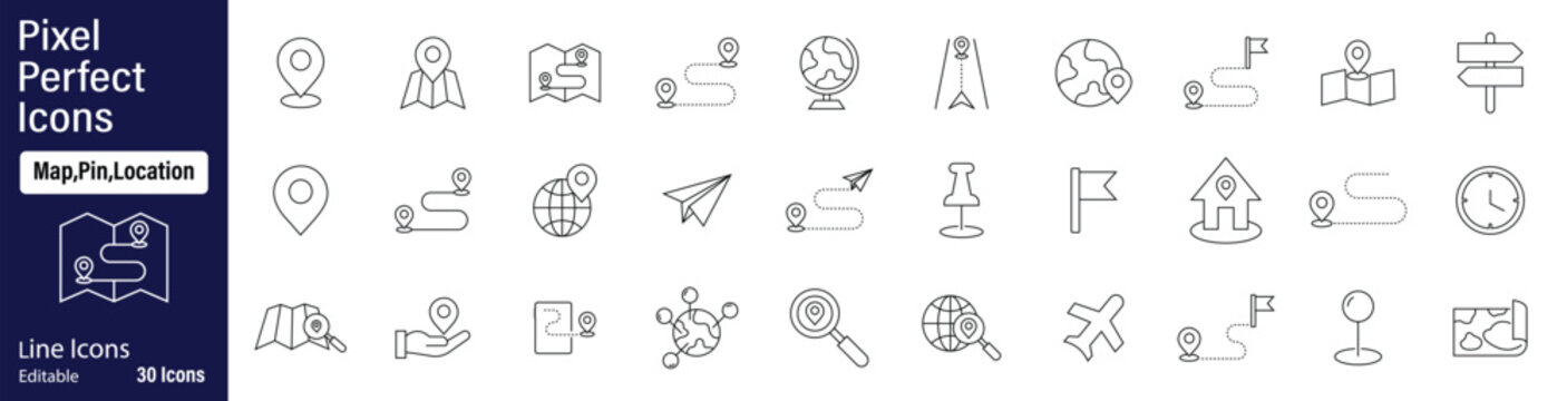 Map and location icon set. Route web icons in line style. Navigation, GPS, direction, travel, route, destination, road, navigator icons. Map pin thin line icon set.Map navigation,GPS location icon set