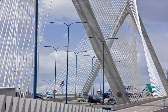 Traffic on a suspension bridge, Leonard P. Zakim Bunker Hill Bridge