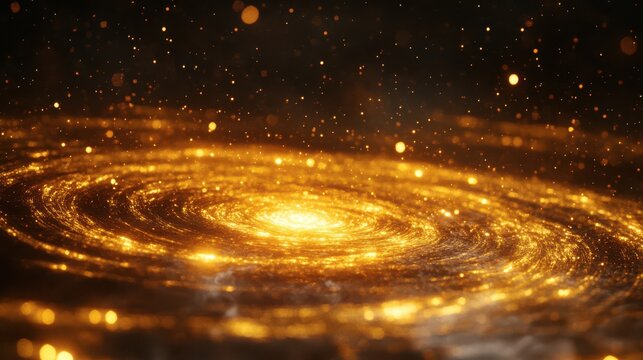 Abstract Golden Swirling Galaxy with Glowing Particles and Stars