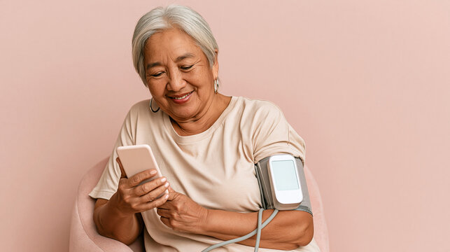 Smiling senior Asian woman using a smartphone while checking blood pressure. Elderly lady with a digital health monitor on her arm. Telehealth and remote medical tracking concept