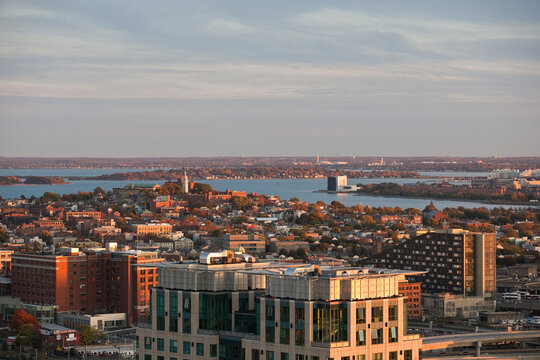High angle view of a harbor with a city at night, Boston Harbor, South Boston