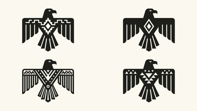 Native American style thunderbird eagle icons with geometric tribal patterns set on white background