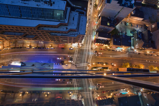 High angle view of the intersection of Stuart Street and Tremont Street at night