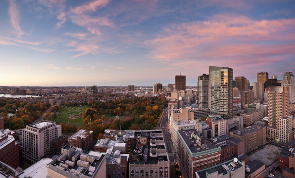 High angle view of a garden in a city, Boston Public Garden, Financial District