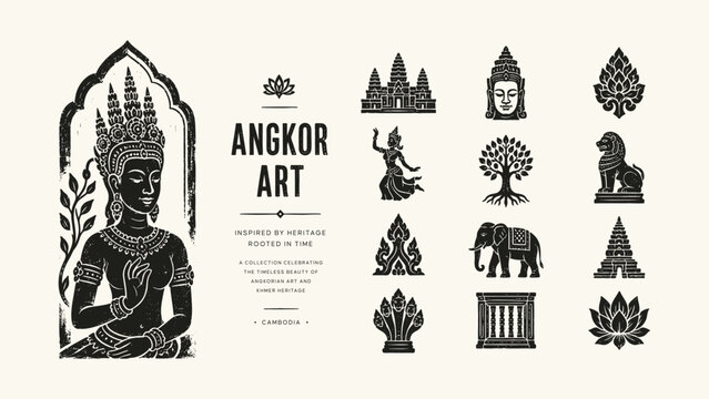 Khmer Culture Illustration Set with Apsara Dancer Buddha Head and Angkor Wat Architecture