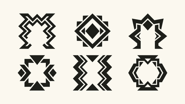 Set of six black geometric tribal symbols and ethnic abstract shapes on light background