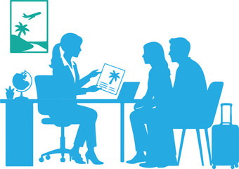Fototapeta premium Business man and woman shaking hands silhouette illustrationBusiness People Working Together at Office Desks Using Laptops and Computers in a Team Meeting Silhouette Illustration