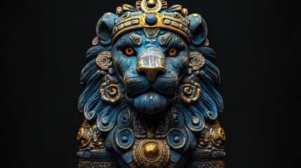 Fototapeta premium Ornate Ancient Egyptian Lion Head Sculpture with Gold and Blue Details
