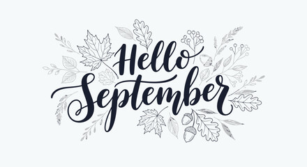 Hello September Calligraphy with Autumn Leaves and Acorns Design © Usaha