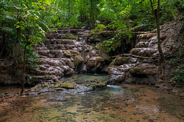 Water cascades and falls in the Chiapas rainforest of Palenque maya archaeological site, Mexico. © SL-Photography