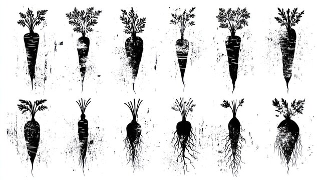 Collection of stylized black and white root vegetable silhouettes displaying various textures and root structures