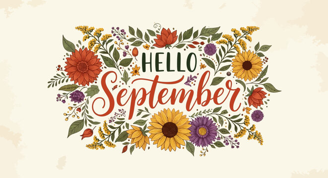 Hello September floral wreath with autumn flowers and leaves, hand-drawn calligraphy