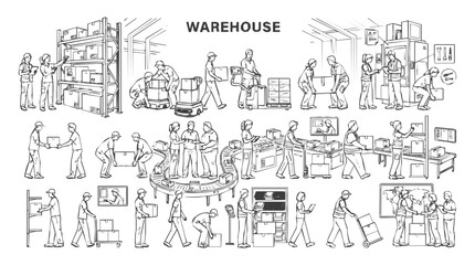 Obraz premium Packaging, delivery - Efficient Warehouse Operations: Illustrations of Teamwork, Handling, and Logistics in a Busy Warehouse Environment