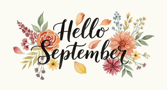 Hello September watercolor floral illustration with autumn flowers and leaves