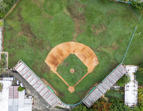 Aerial view of the baseball field at Instituto Tecnologico de Merida with its dirt diamond and roofed bleachers Merida, Yucatan, Mexico.