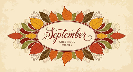 September Greetings Wishes Oval Frame with Autumn Leaves - Fall Season Floral Border © Usaha