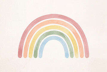 Fototapeta premium Minimalist pastel watercolor rainbow illustration. Boho style hand painted arches on textured off-white background. Copy space for text