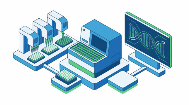 Modern DNA sequencing laboratory equipment and computer.