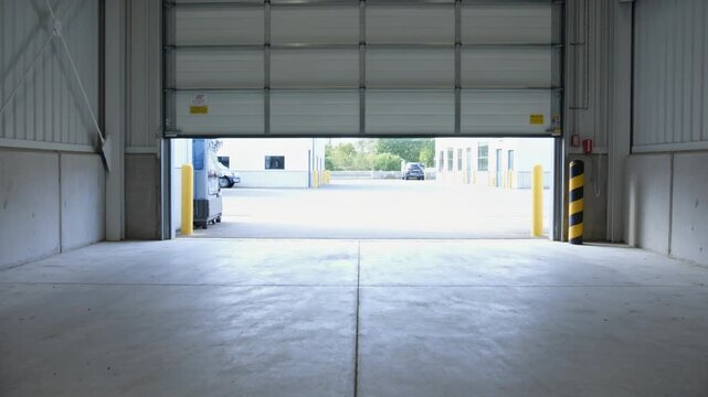 Opening roll-up door with motor engaging, revealing truck and yellow bollards at warehouse bay