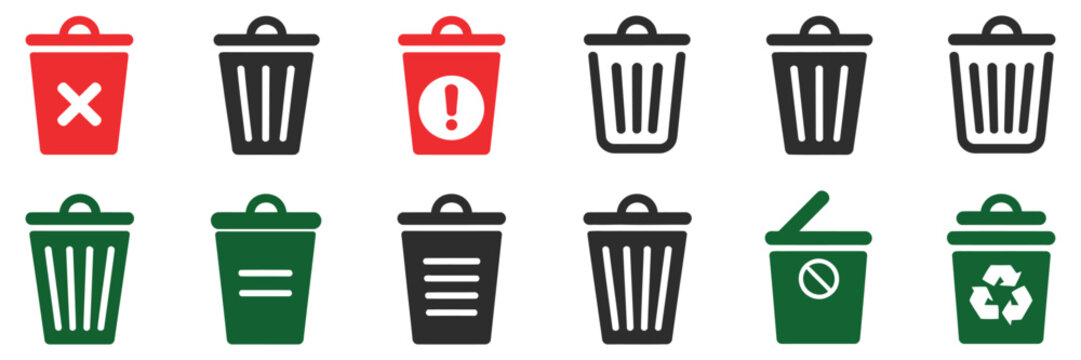Trash bin and recycle icon pack, environmental waste disposal icons, recycling and refuse system symbols, garbage sorting vector illustration set.