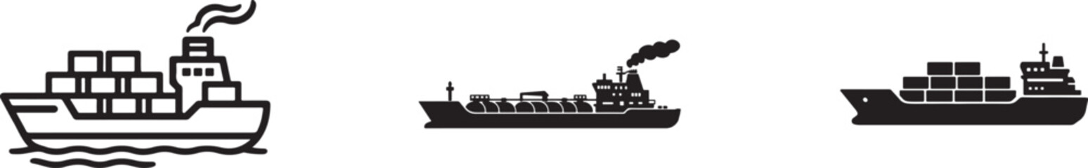 Cargo ship icon vector set with container vessel symbols in solid, flat, and outline styles. © Md.Mozammal