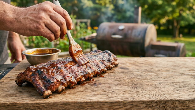 BBQ ribs, hand basting with sauce on rustic wooden board outdoors, smoker in background, delicious summer grilling.