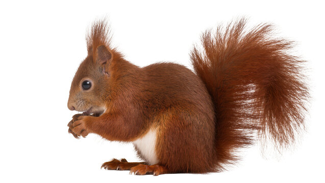 Red squirrel eating nut with bushy tail and white chest