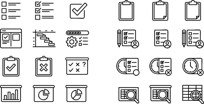 Minimalist task management, checklist and project planning outline icon set, hollow vector