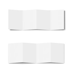Naklejka na ściany i meble White blank open four panel accordion fold brochure. Vector mockup. Square 4-panel zig-zag folded paper sheet. Concertina fold leaflet, flyer, booklet. Mock-up. 1 row Z card front, back side. Template