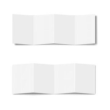 White blank open four panel accordion fold brochure. Vector mockup. Square 4-panel zig-zag folded paper sheet. Concertina fold leaflet, flyer, booklet. Mock-up. 1 row Z card front, back side. Template