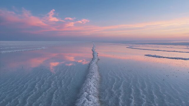 Serene salt flat landscape at sunset.