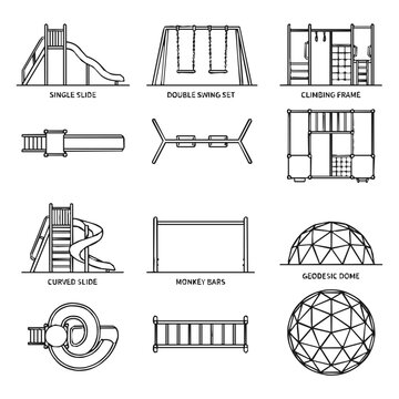 A comprehensive set of playground equipment outline icons including a swing set, slide, climbing frame, and monkey bars for landscape site planning
