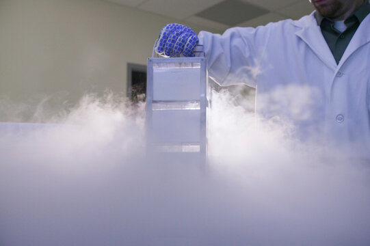 Scientist removing tissue samples from a storage tank of liquid nitrogen