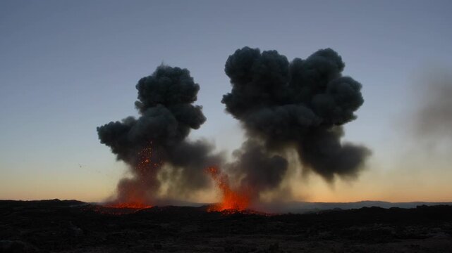 Igniting orange glows, two vents launching plumes dusk horizon during eruption smoke drifting right