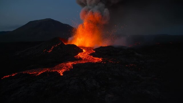 Erupting after magma surge, vent spattering lava through channel at lava field, plume rising
